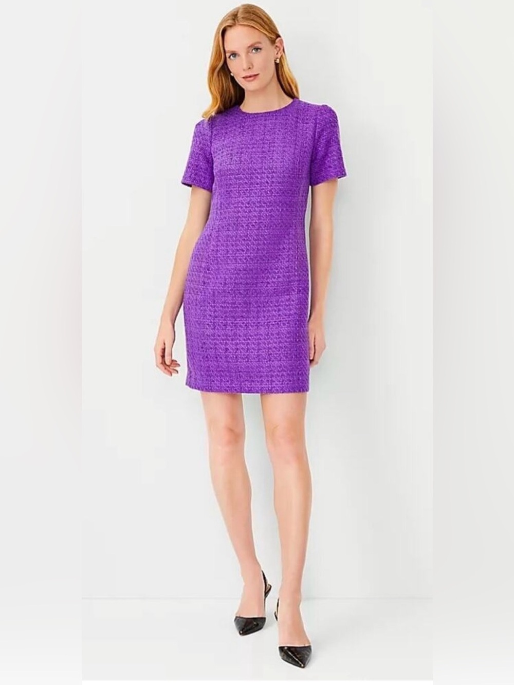 💜 Ann Taylor Purple Short-Sleeve Tweed Shift Dress 💜
